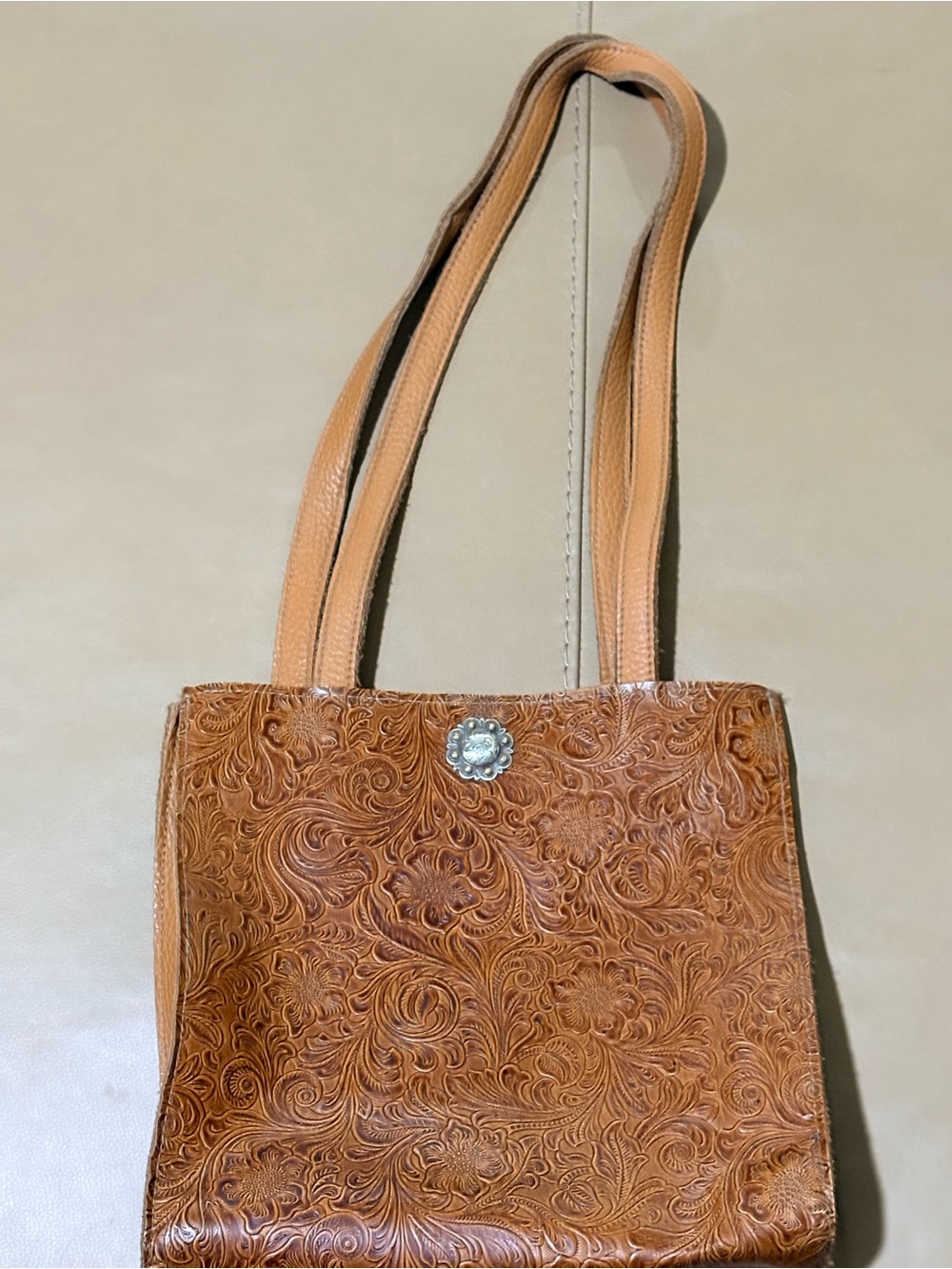 Embossed Floral Leather Tote Bag in Tan